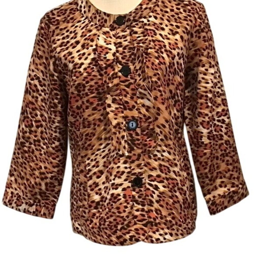 JOANNA Leopard Print Top Blouse Buttons Womens Flanked by Ruffles Pockets Large